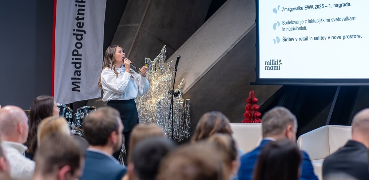 Petra Gorečan med 4 minutnim pitchem pred strokovno komisijo izbora Mladi podjetnik leta 2025